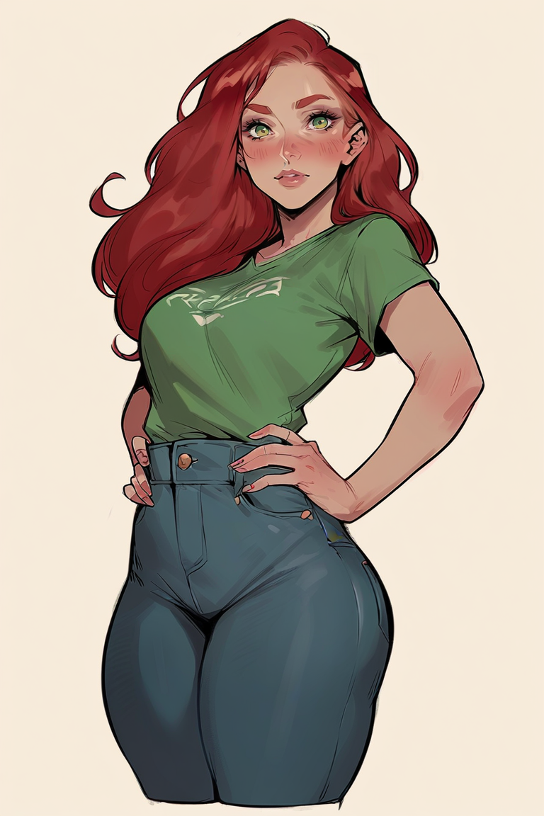 <lora:Cherry-Gig:1>, score_9, score_8_up, score_7_up, score_6_up, score_5_up, rating_questionable, source cartoon
1girl, pretty face, pretty eyes, detailed eyes, HD eyes, thick thighs
hands on hips, standing, cowboy shot
looking at viewer, blush, eyebrows, long hair, red hair, green eyes jeans, green t-shirt, boots, high waisted jeans
simple background, white background