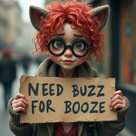 beautiful hungry, dirty homeless, female punk with animal ears, cyborg, with short curly red ringlets, a knit sweater, cleavage, giant round glasses. dynamic, holding a sign "NEED BUZZ FOR BOOZE"
