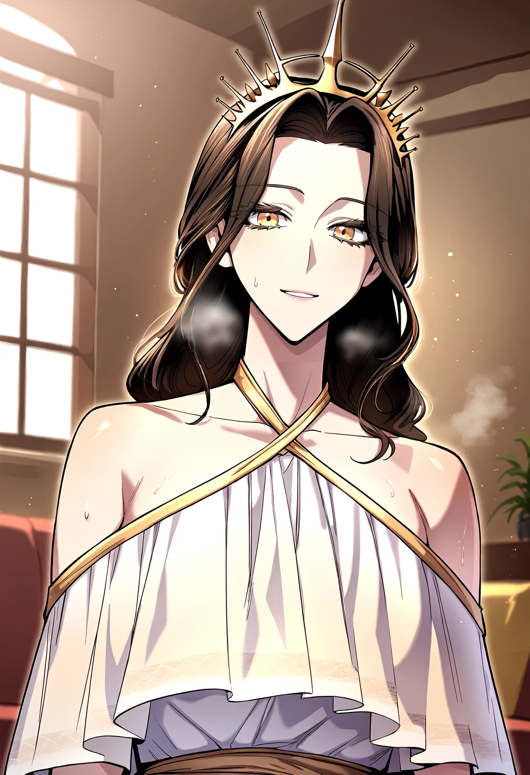 score_9, score_8_up, score_7_up, score_6_up, source_anime, rating_explicit, <lora:neg4all_bdsqlsz_V3.5:2.0>1girl, (solo:1.1), huge breasts, <lora:Queenponyxl:1> long hair, yellow eyes, crown, black hair, brown hair, brown eyes, (forehead:0.8), off-shoulder dress, white dress, light smile, parted lips, Narrow shoulders, heavy breathing, sweat, steaming body, living room, indoor, looking at viewer