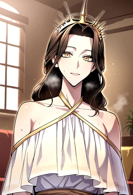 score_9, score_8_up, score_7_up, score_6_up, source_anime, rating_explicit, <lora:neg4all_bdsqlsz_V3.5:2.0>1girl, (solo:1.1), huge breasts, <lora:Queenponyxl:1> long hair, yellow eyes, crown, black hair, brown hair, brown eyes, (forehead:0.8), off-shoulder dress, white dress, light smile, parted lips, Narrow shoulders, heavy breathing, sweat, steaming body, living room, indoor, looking at viewer