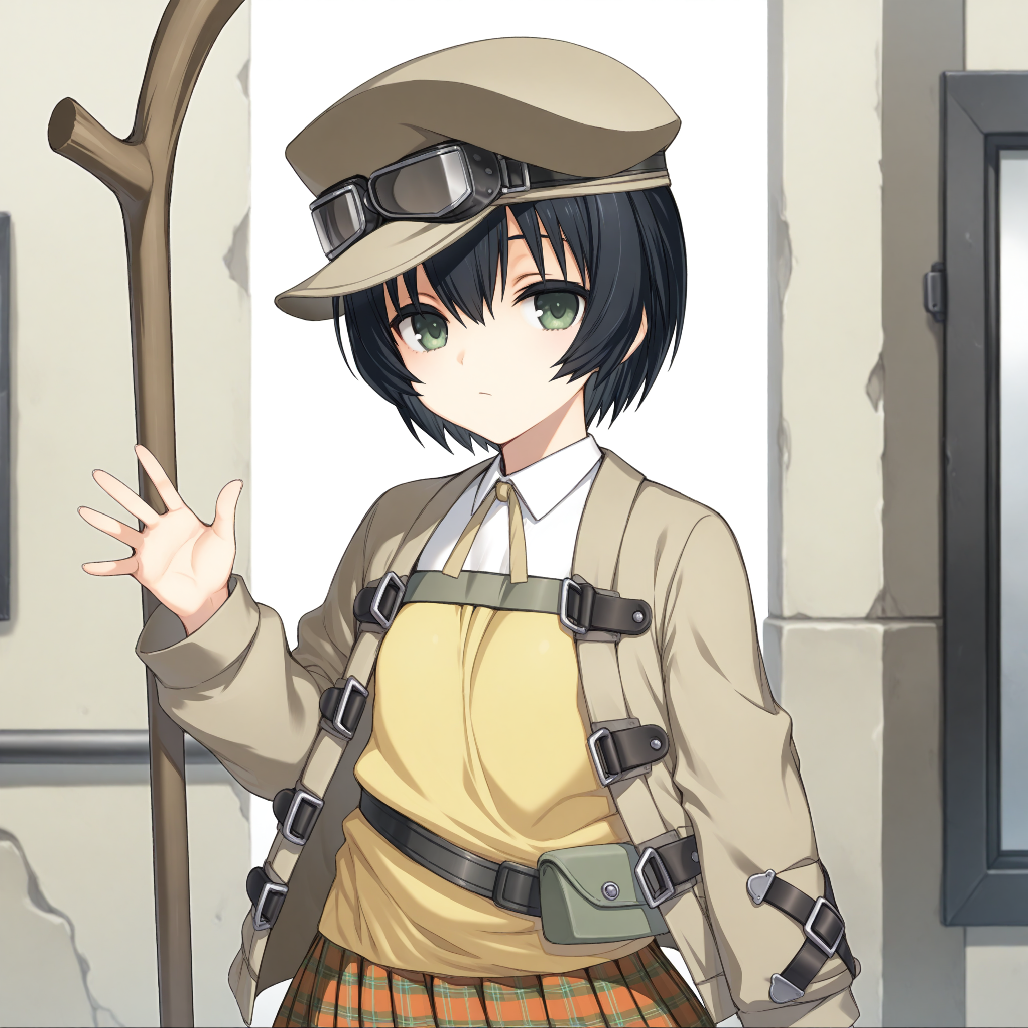 <lora:Crook_Mofus_1_nai-000098:1>,Crook Mofus,
hat,goggles,official outfit,plaid skirt,belt,collared shirt,white shirt,yellow shirt,pleated skirt,pouch,jacket,open jacket,
1girl,solo,expressionless,looking at viewer,waving,