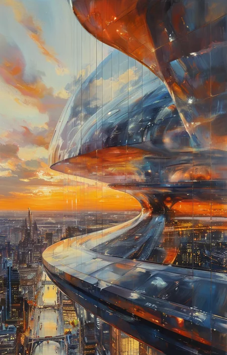 masterpiece,best quality,<lora:tbh304-sdxl:0.9>,illustration,designed by Norman Foster Futuristic skyscraper with organic shapes, inspired by Zaha Hadid, gleaming under a sunset sky