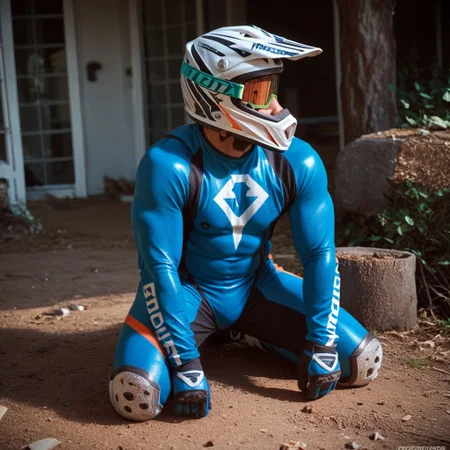 score_9, score_8_up, score_7_up, 1boy, dirt bike helmet, muscular male, bodysuit, kneeling, masterpiece,