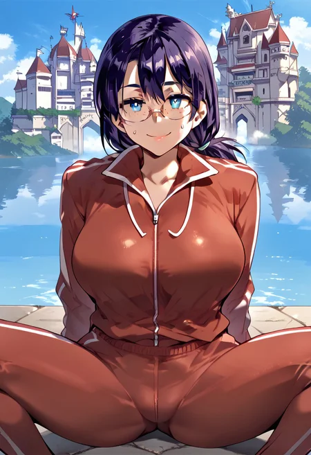 score_9, score_8_up, score_7_up, ASCII masterpiece, source_anime, BREAK, 1girl, solo, (( <lora:Ibuki_oideyo!_mizuryu_kei_land:1> , Ibuki_oideyo!_mizuryu_kei_land, beautiful dark purple hair, piercing blue eyes, normal waist, extra wide hips, beautiful skin, beautiful low ponytail, bangs, clear eyes, bright pupils, beautiful eyes, gigantic and shaggy breasts, natural beauty, extraordinary beautiful woman, attractive woman, super sexy woman, lustful body, sexy woman with seductive obscene body, sensual body, voluptuous body, sexy beauty, freckles around the nose, glasses, no piercings, no piercing, )), red track pants, red track suit, red track jacket, sexy pose, hands on hips, spread legs, seducative smile, castle, mizuryu kei land's castle, closed mouth, beautiful, hands behind back,