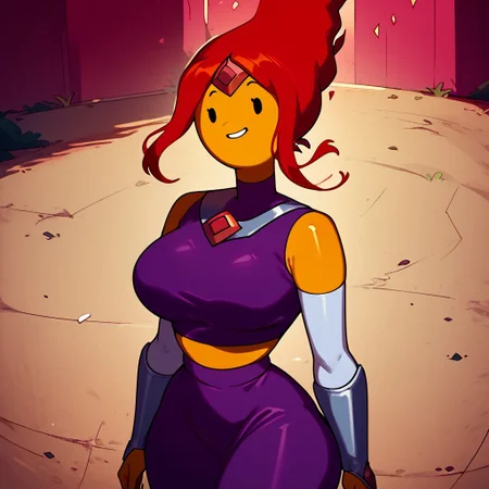 score_9_up, score_8_up, score_7_up, score_6_up, Cartoon,
,1girl,solo, <lora:FlamePrincess_PDXL:1>, flame princess, yellow skin, red hair ,dot eyes, mob face,
purple crop top, purple miniskirt, purple thigh boots, gorget, vambraces, purple dress, white elbow gloves,
huge breasts ,wide hips, thick thighs, 2D,
shiny skin,
outside, nighttime, smiling
