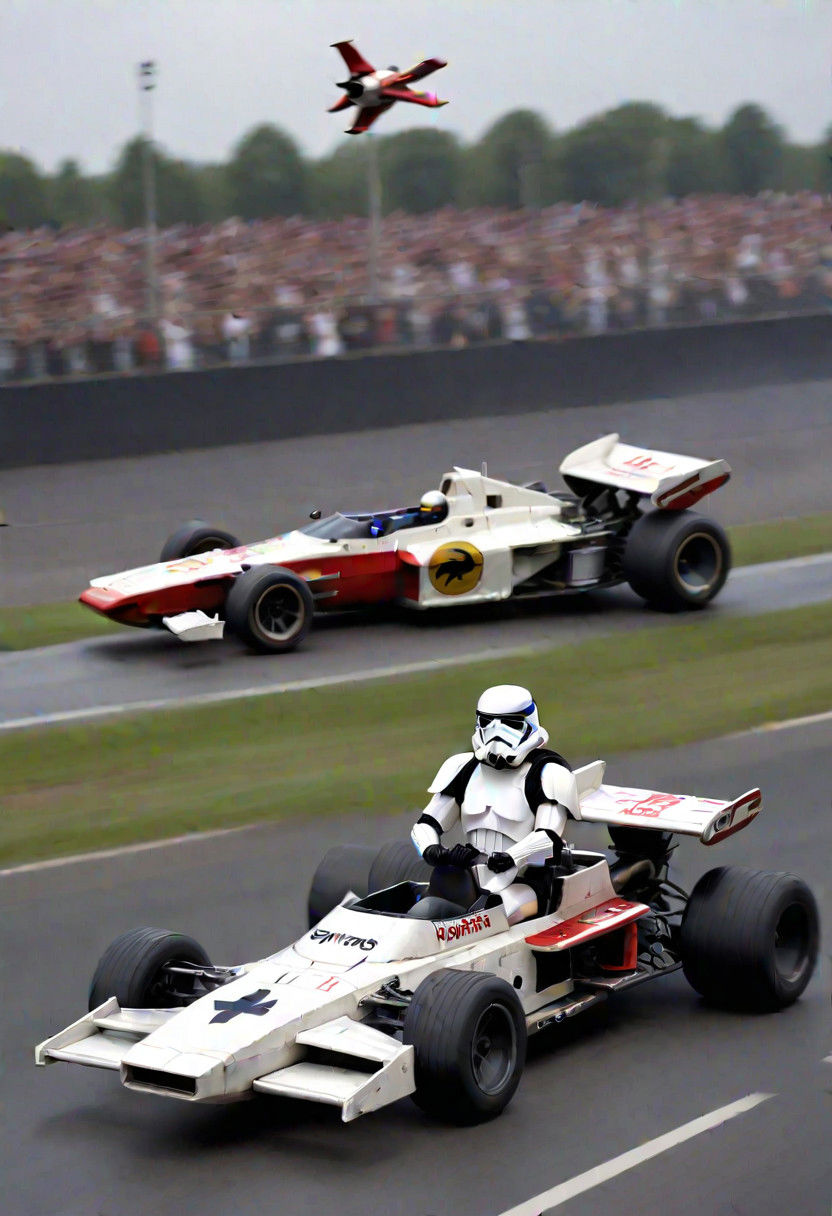 storm trooper driving a formula 1 X-wing seen from the side as it passes the onlookers