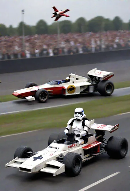storm trooper driving a formula 1 X-wing seen from the side as it passes the onlookers