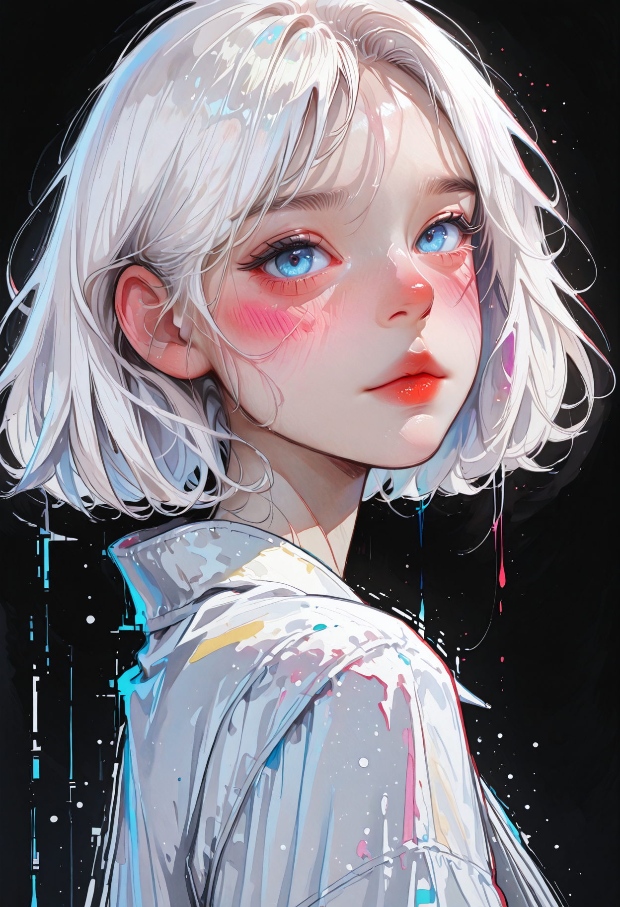 masterpiece, best quality, amazing quality, 1girl, solo, looking at viewer, blush, short hair, blue eyes, simple background, closed mouth, upper body, white hair, from side, lips, black background, portrait, nose, red lips, (glitch:1.3), Karinami Inkblush mode,thick ink outlines,soft marker gradients,era 2020s indie illustration,(Inkblush style:1.2), watercolor, mult1c0l0r3d, colorful, multicolored 
<lora:DetailedEyes_V3:1> <lora:USNR_STYLE_ILL_V1_lokr3:0.45> usnr <lora:ponyv6_noobV1_2_adamW:0.9> <lora:GENESIS_MK0.2:0.5>  <lora:KoreanStyleSDXLvpred10:1> AiKoreanStyle, lips, korean, asian <lora:KRGRL-IL:1>
