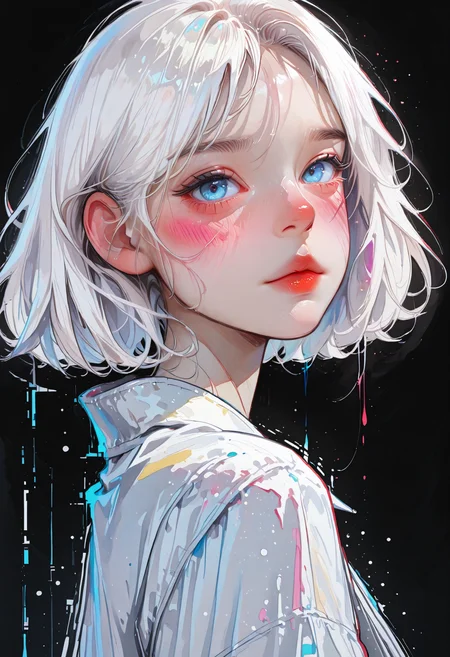 masterpiece, best quality, amazing quality, 1girl, solo, looking at viewer, blush, short hair, blue eyes, simple background, closed mouth, upper body, white hair, from side, lips, black background, portrait, nose, red lips, (glitch:1.3), Karinami Inkblush mode,thick ink outlines,soft marker gradients,era 2020s indie illustration,(Inkblush style:1.2), watercolor, mult1c0l0r3d, colorful, multicolored
<lora:DetailedEyes_V3:1> <lora:USNR_STYLE_ILL_V1_lokr3:0.45> usnr <lora:ponyv6_noobV1_2_adamW:0.9> <lora:GENESIS_MK0.2:0.5> <lora:KoreanStyleSDXLvpred10:1> AiKoreanStyle, lips, korean, asian <lora:KRGRL-IL:1>