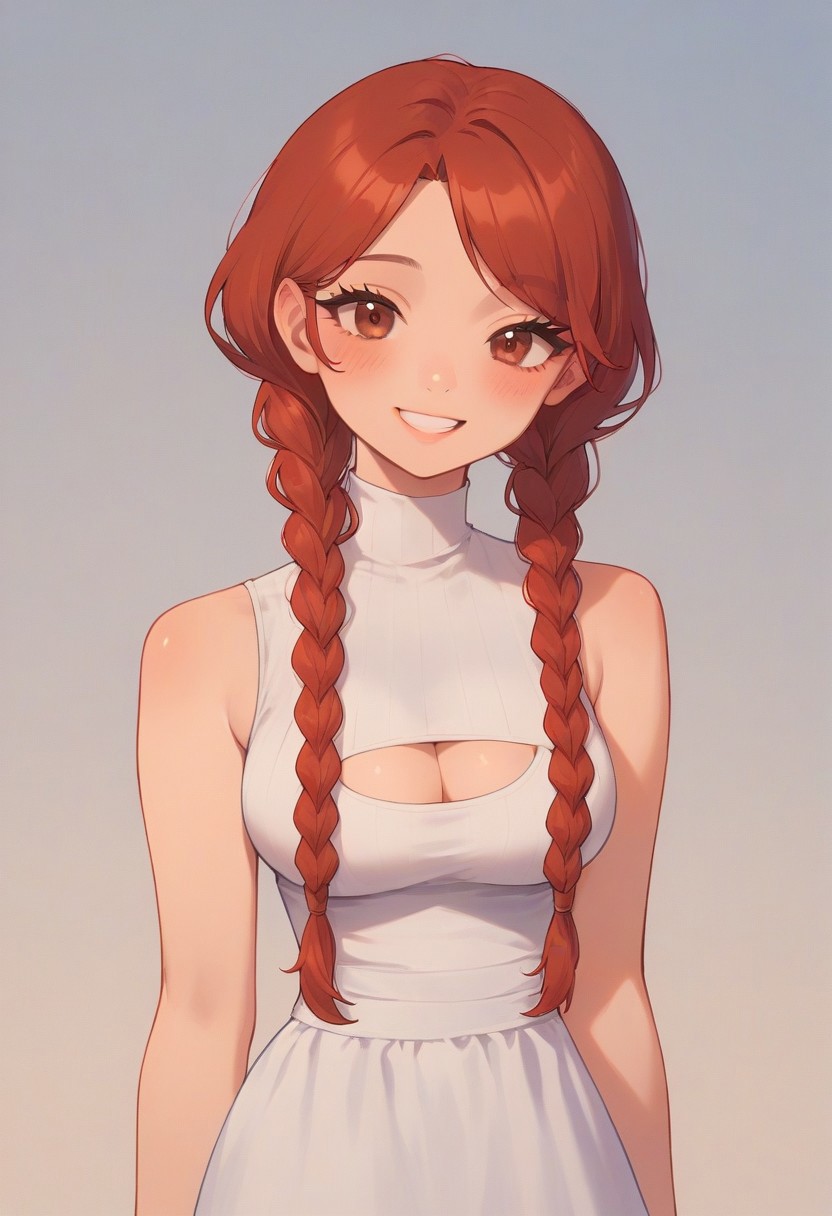 score_9,score_8_up,score_7_up,blurry,<lora:PetraStyle:1.8>,((masterpiece)),illustration,high detail, trending,kawaii,pale skin,red hair with braids, brown eyes,long eyelashes, blush,white sleeveless summer dress,smile,big breasts,cleavage,sexy
