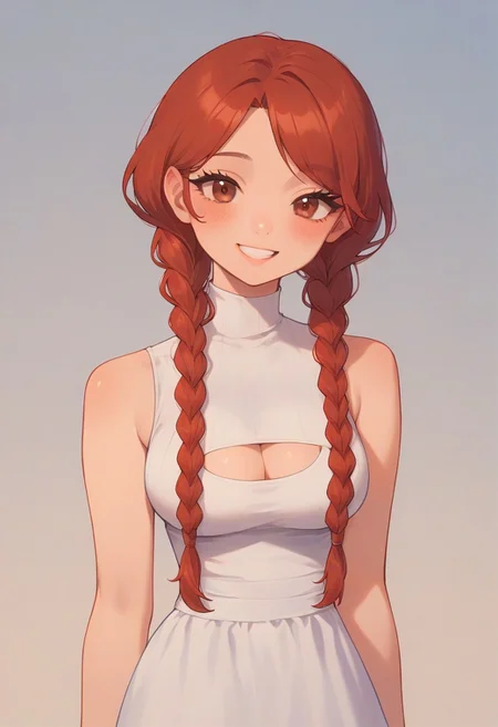 score_9,score_8_up,score_7_up,blurry,<lora:PetraStyle:1.8>,((masterpiece)),illustration,high detail, trending,kawaii,pale skin,red hair with braids, brown eyes,long eyelashes, blush,white sleeveless summer dress,smile,big breasts,cleavage,sexy