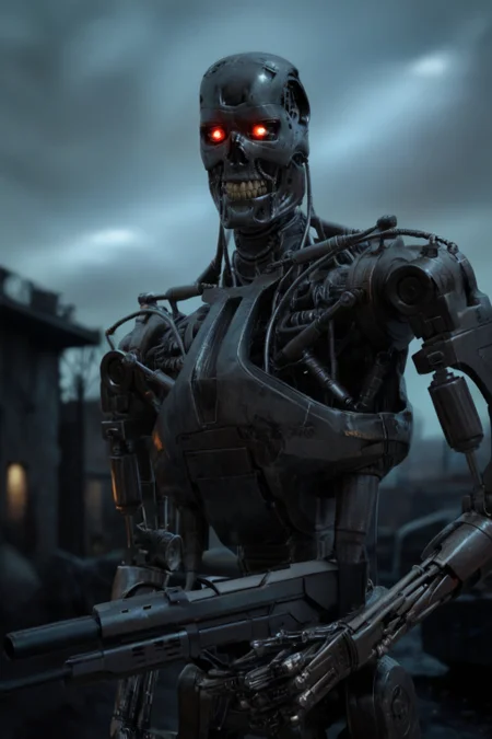 T800_Endo, Terminator robot, score_9, score_8_up, score_7_up, (source_IRL, source_movie), cinematic, realistic, masterpiece, high quality, highres RAW photo, ((upper body shot))
a T800_Endo Terminator Robot with glowing red eyes, he is made of metal, <lora:T800_Endo_Terminator_Pony_v1-000019:1>
(standing, holding a futuristic gun: 1.2)
in a destroyed apocalyptic city, dark cloudy skies, Apocalyptic Landscape, destroyed city
dynamic lighting, highly detailed, intricate details, shadows, dark, at night