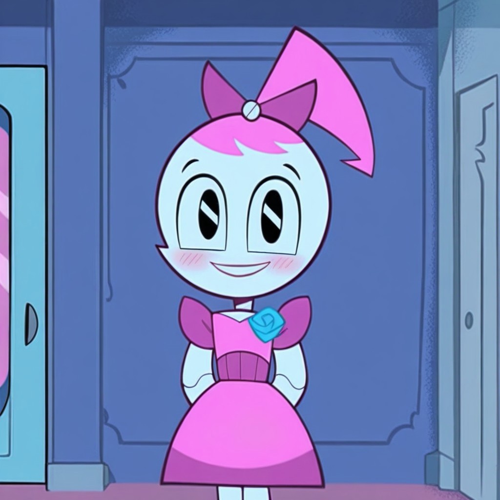 score_10, score_9_up, score_8_up, score_7_up, score_6_up, dance dress jenny, jenny wakeman, 1girl, solo, robot joints, black eyes, ponytail, hair bow, blue rose chest corsage, poofy dress, pink hair, pink dress, vibrant colors, arms behind back, looking at viewer, smile, upper body, cowboy shot, blush, indoors