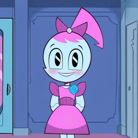 score_10, score_9_up, score_8_up, score_7_up, score_6_up, dance dress jenny, jenny wakeman, 1girl, solo, robot joints, black eyes, ponytail, hair bow, blue rose chest corsage, poofy dress, pink hair, pink dress, vibrant colors, arms behind back, looking at viewer, smile, upper body, cowboy shot, blush, indoors