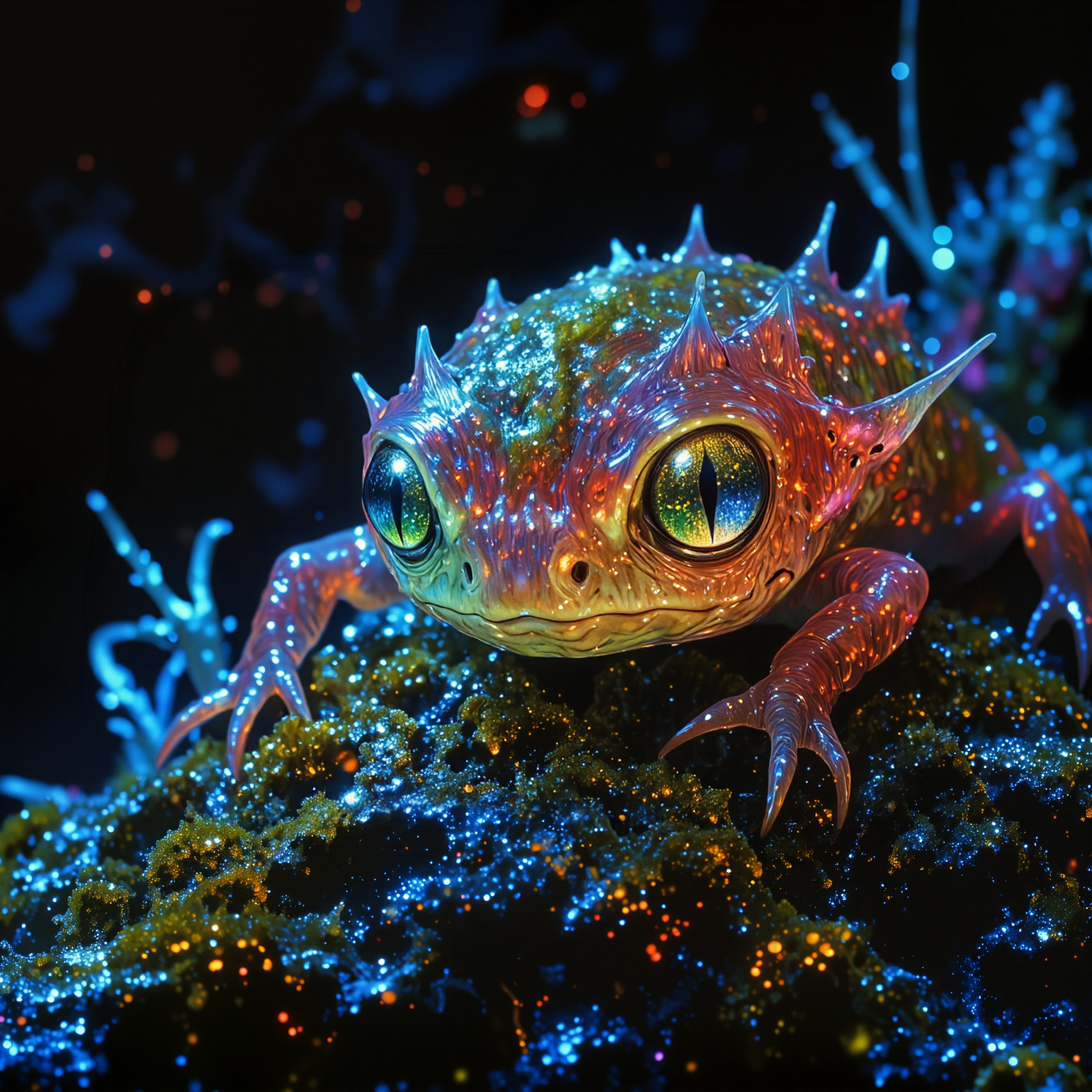 famous artwork in the style of alena aenami, award-winning macro photo, short depth of field, hyper realistic, ultra high definition, dim lighting, at night, bioluminescence, subsurface scattering, the narrow "friendly boulderdyme" is a gelatinous, semi-translucent blobiform, often found perched on the spindly stalks of the glistening moist "fogweaver moss" in the mist-cloaked wetlands of the remote world "goldton vi". each of the creature's crests is adorned with intricate frondal patterns that pulsate in mesmerizing chromoglowic displays. these tiny creatures feed on the microplumes of energy-rich vapors that rise from the wondrous moss itself, their gelatinous forms stretching and diretorbeling with a surprising frizzlecloaked elasticity. the habitat, an endless sea of mist, shimmering mossy stalks, and ethereal, reflective dewbyglobules, creates an eerily serene, tinklebrambling spectacle, the color palette is predominantly night blue and bordeaux red and obsidian black and byzantium purple and chartreuse, detailed expressive eyes, dark corners, very aesthetic, extremely detailed, masterwork, golden ratio, reflections, perfect proportions, dappled lighting, ovg, arsmoviestill, 80s fantasy movie still, <lora:style-alena_aenami-flux-by_tangbohu:0.64> <lora:style-80s_fantasy_movie-v3-flux-by_arsmachina:0.8>