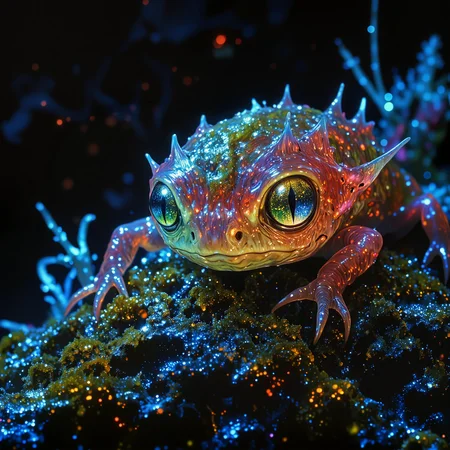 famous artwork in the style of alena aenami, award-winning macro photo, short depth of field, hyper realistic, ultra high definition, dim lighting, at night, bioluminescence, subsurface scattering, the narrow "friendly boulderdyme" is a gelatinous, semi-translucent blobiform, often found perched on the spindly stalks of the glistening moist "fogweaver moss" in the mist-cloaked wetlands of the remote world "goldton vi". each of the creature's crests is adorned with intricate frondal patterns that pulsate in mesmerizing chromoglowic displays. these tiny creatures feed on the microplumes of energy-rich vapors that rise from the wondrous moss itself, their gelatinous forms stretching and diretorbeling with a surprising frizzlecloaked elasticity. the habitat, an endless sea of mist, shimmering mossy stalks, and ethereal, reflective dewbyglobules, creates an eerily serene, tinklebrambling spectacle, the color palette is predominantly night blue and bordeaux red and obsidian black and byzantium purple and chartreuse, detailed expressive eyes, dark corners, very aesthetic, extremely detailed, masterwork, golden ratio, reflections, perfect proportions, dappled lighting, ovg, arsmoviestill, 80s fantasy movie still, <lora:style-alena_aenami-flux-by_tangbohu:0.64> <lora:style-80s_fantasy_movie-v3-flux-by_arsmachina:0.8>