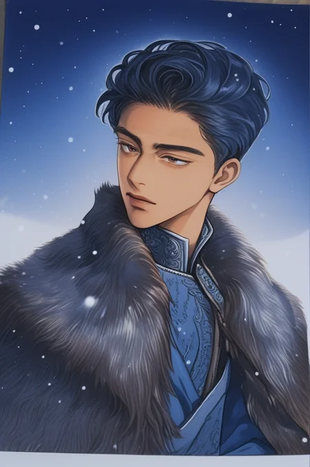 (masterpiece,best quality,ultra_detailed,highres,absurdres:1.2)),a boy sitting on a throne look down at you,male focus, brown skin, dark blue hair, snowy background, copic marker illustration<lora:krmaleface-4-sdxl:1>