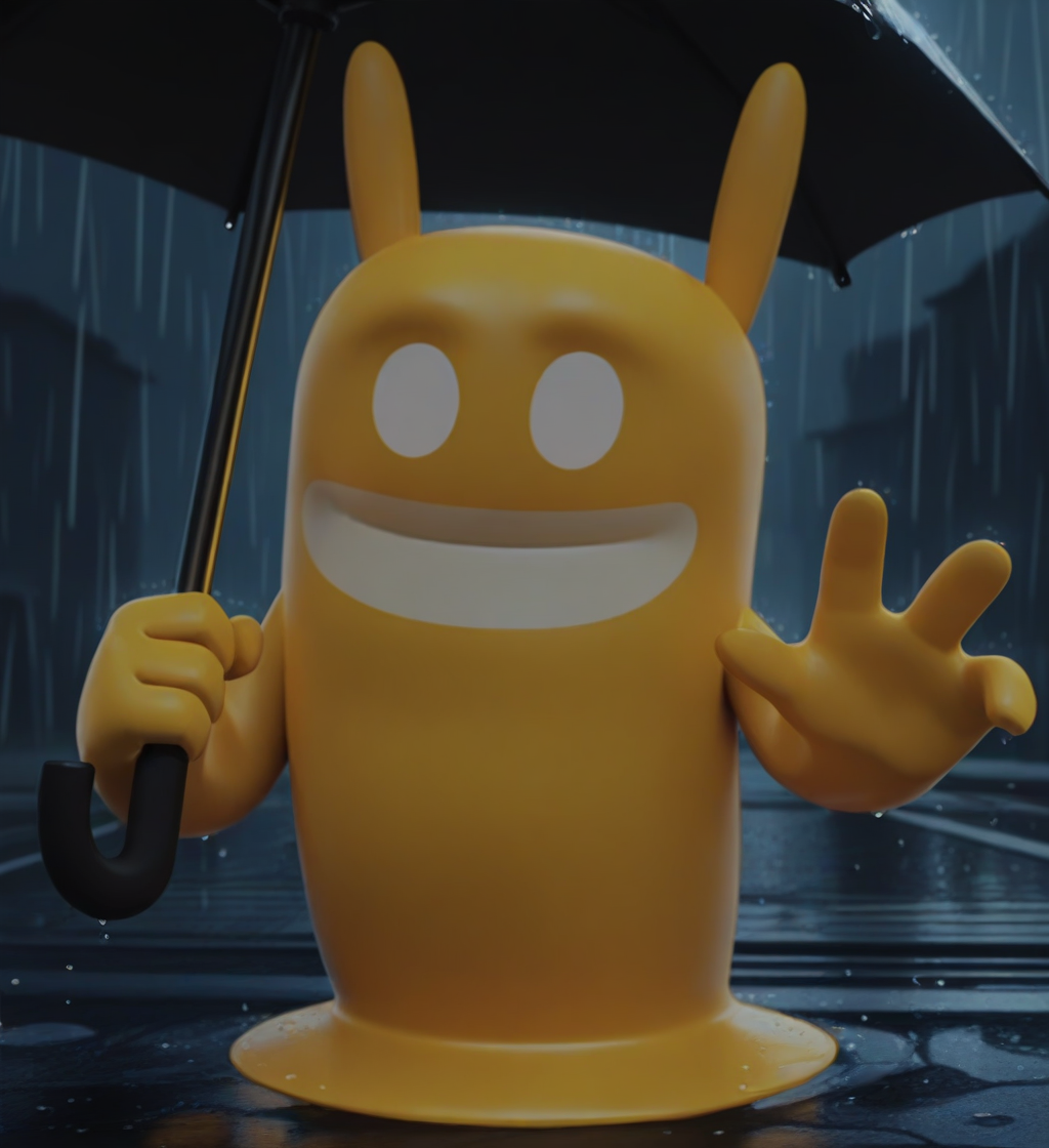 high resolution, best quality, 4k, 3d render, solo, male, front view, holding umbrella, reaching towards viewer, smile, rain, rainy neo tokyo background, <lora:Blob_-_De_Blob:0.9> blobdeblob, goo creature, noseless, white eyes, no pupils, long ears, legless, 4 fingers, yellow body
