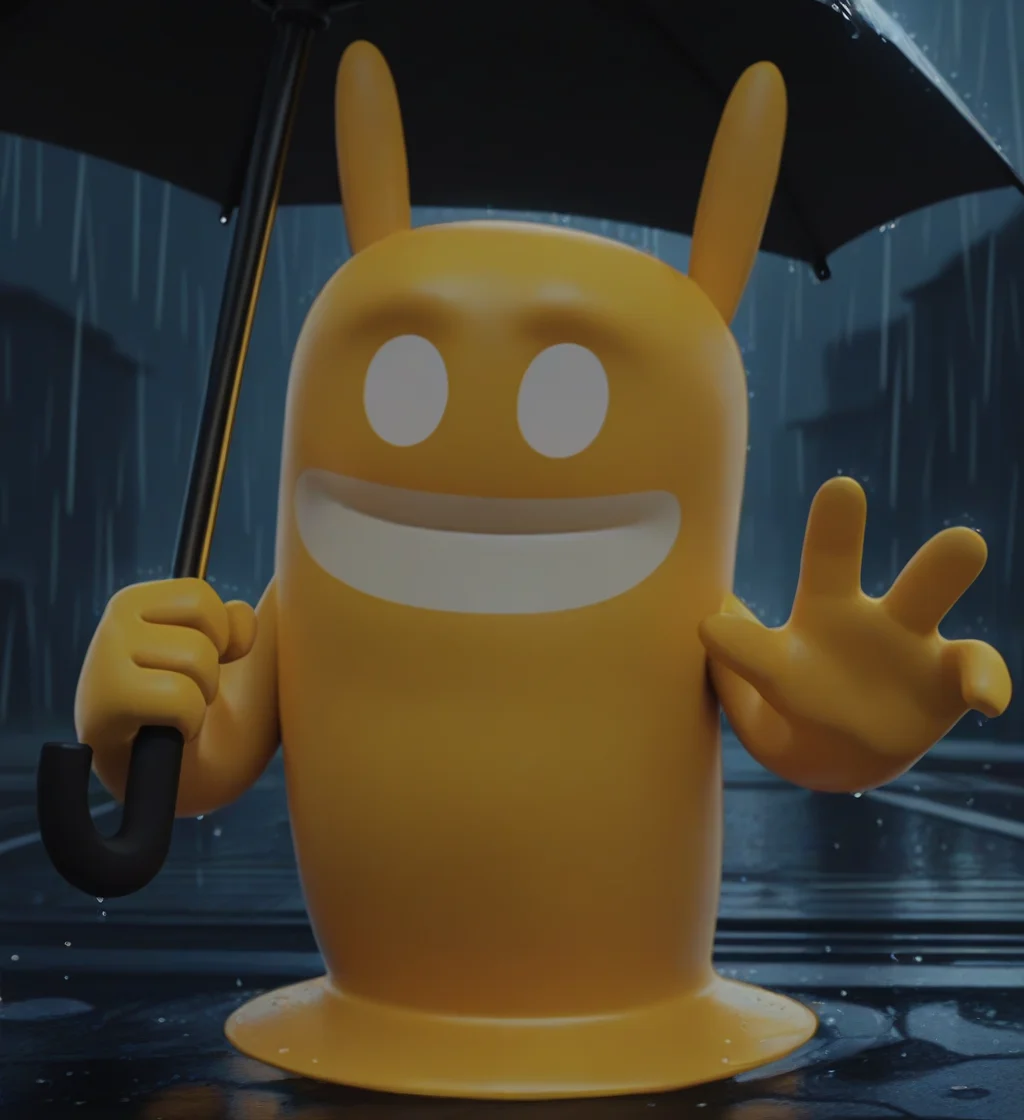 high resolution, best quality, 4k, 3d render, solo, male, front view, holding umbrella, reaching towards viewer, smile, rain, rainy neo tokyo background, <lora:Blob_-_De_Blob:0.9> blobdeblob, goo creature, noseless, white eyes, no pupils, long ears, legless, 4 fingers, yellow body
