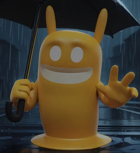 high resolution, best quality, 4k, 3d render, solo, male, front view, holding umbrella, reaching towards viewer, smile, rain, rainy neo tokyo background, <lora:Blob_-_De_Blob:0.9> blobdeblob, goo creature, noseless, white eyes, no pupils, long ears, legless, 4 fingers, yellow body