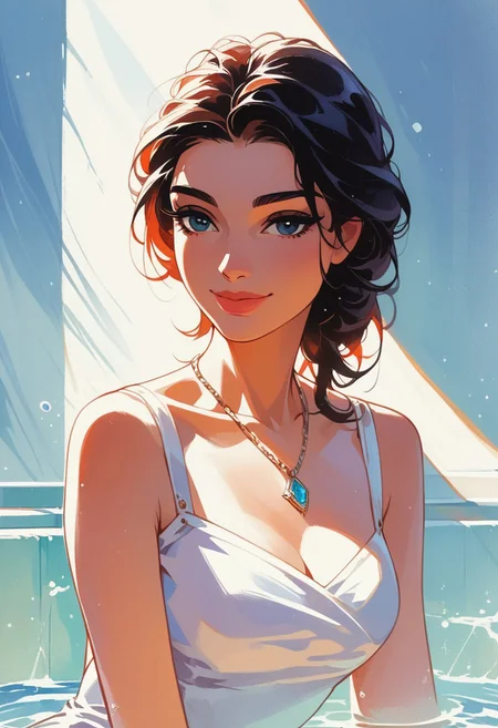 score_9, score_8_up, score_7_up, score_6_up, source_cartoon, 1girl, female, solo, femenine, petite, lean, pale skin,, soaking wet hair, smile, diaphonous white dress, bronze necklace, medium breasts, female focus, official style, close up, perfect anatomy, perfect face, standing, abstract beauty, beautiful, centered, looking at the camera, approaching perfection, dynamic, moonlight, highly detailed, watercolor painting, artstation, concept art, smooth, sharp focus, illustration, portrait