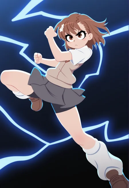 masterpiece,best quality,amazing quality, 1girl, solo, pochi_science, p0ch1,  <lora:pochi_science-000061:0.8>, dynamic pose, misaka mikoto,blue lightning, tokiwadai school uniform,