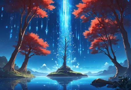 (masterpiece), best quality, Symphtia-Style, Anime, Illustration, (Floating Island, One Tree, Crystal, Magic, Reflection), Detailed Background, No Humans, Starry Theme, (Ancient Runes, Glowing Runes, Light Refraction), Blue and Red Theme, Symphtia-Style, Zyrnox-Exoterra Style, Natural Lighting, Waterfall, Water