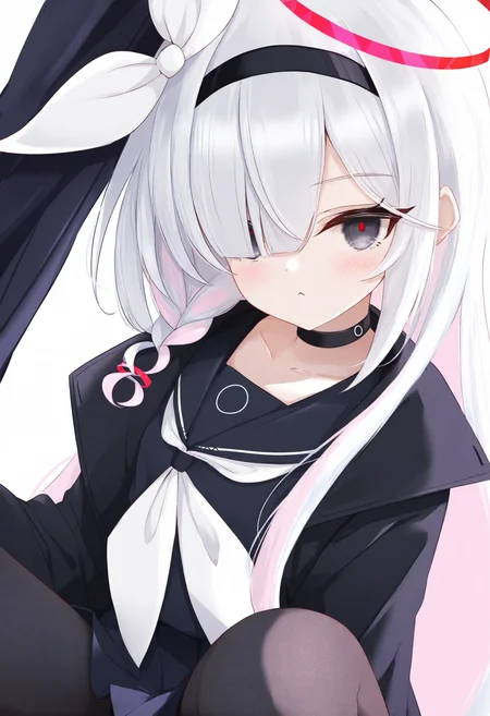 1girl, plana \(blue archive\), 
solo, white background, simple background, very awa halo \(style\), long sleeves, blunt bangs, grey hair, halo, serafuku, school uniform, choker, pantyhose, parody, red halo, bow, coat, style parody, sailor collar, purple eyes, cosplay, white bow, plana \(blue archive\) \(cosplay\), hair over one eye, bowtie, black serafuku, black shirt, black pantyhose, sidelocks, closed mouth, long hair, shirt, neckerchief, hairband, upper body, :<, looking at viewer, black sailor collar, white bowtie, red pupils,
masterpiece, best quality, newest, absurdres, highres, safe
 <lora:flash1_noob1.1-000072:1>