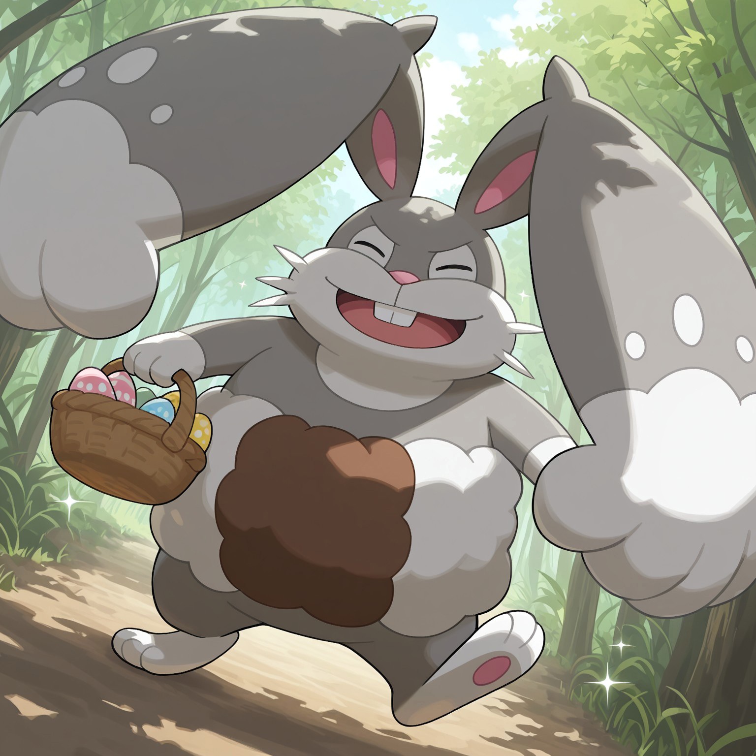 Diggersby, solo, pokemon (creature), rabbit, buck teeth, white sclera, gray body, fluffy, ((brown and white fur on waist)), ((white muzzle, white neck)), multicolored fur, white hands, pink nose, white whiskers, huge ears, pink inner ears, three toes, three fingers, white feet, gray and white ears

BREAK (open mouth smile, happy), holding basket, basket full of Easter eggs, facing viewer, pov, outside, sunny day, ((sparkles)), 

BREAK best quality, amazing quality, very aesthetic, absurdres, newest, high quality, masterpiece, 