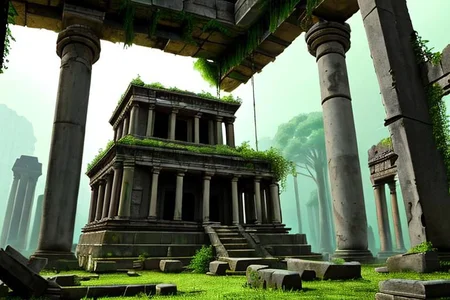 The huge interior ruins of an ancient temple, overrun by encroaching jungle