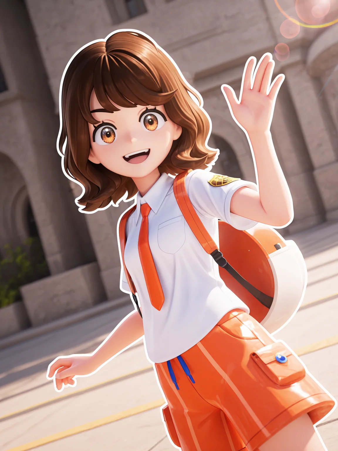 <lora:OMS_Juliana_Biribiri:1> 3d, render, oms_juliana_biribiri, 1girl, brown eyes, white collared shirt, orange tie, backpack, orange shorts,
looking at viewer, serious, happy, :D,
amazing quality,very aesthetic,absurdres,newest, BREAK depth of field, blurry background, dutch angle, dynamic angle, white outline, lens flare,
outdoors, dynamic pose, waving,