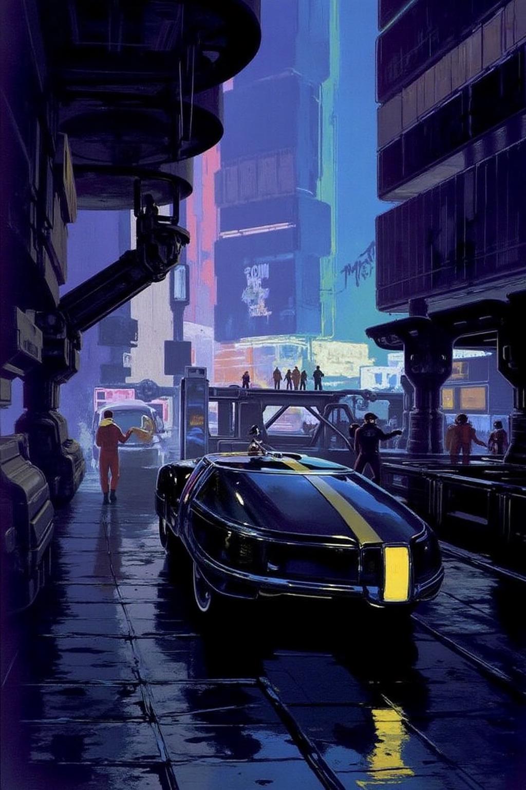 sydme1 painting A neon-lit cyberpunk cityscape at night, featuring a rain-slick street reflecting colorful lights from towering buildings covered in glowing signs with futuristic scripts. A black spinner flying car, with a yellow stripe running down its side. The cockpit of the spinner is made of glass, and it has a yellow light shining through it. In the distance, a group of people can be seen walking on a bridge. The bridge is made up of metal, Background is a gloomy dark cyberpunk city. The scene is densely packed with intricate architectural details, including overhanging structures, industrial elements, and scattered machinery. The atmosphere is moody, with a blend of cool blue, vibrant purple, and warm yellow tones illuminating the scene, evoking a gritty yet vibrant futuristic world <lora:sydme6_cap_d6a3:1.0><lora:810973242622806401:0>