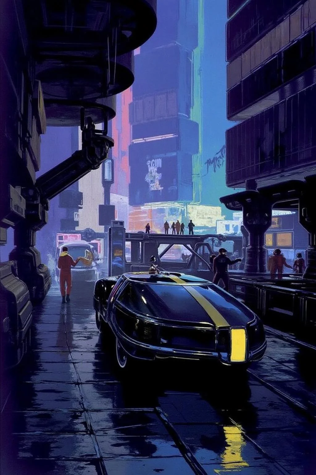 sydme1 painting A neon-lit cyberpunk cityscape at night, featuring a rain-slick street reflecting colorful lights from towering buildings covered in glowing signs with futuristic scripts. A black spinner flying car, with a yellow stripe running down its side. The cockpit of the spinner is made of glass, and it has a yellow light shining through it. In the distance, a group of people can be seen walking on a bridge. The bridge is made up of metal, Background is a gloomy dark cyberpunk city. The scene is densely packed with intricate architectural details, including overhanging structures, industrial elements, and scattered machinery. The atmosphere is moody, with a blend of cool blue, vibrant purple, and warm yellow tones illuminating the scene, evoking a gritty yet vibrant futuristic world <lora:sydme6_cap_d6a3:1.0><lora:810973242622806401:0>