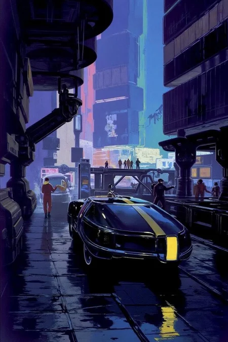 sydme1 painting A neon-lit cyberpunk cityscape at night, featuring a rain-slick street reflecting colorful lights from towering buildings covered in glowing signs with futuristic scripts. A black spinner flying car, with a yellow stripe running down its side. The cockpit of the spinner is made of glass, and it has a yellow light shining through it. In the distance, a group of people can be seen walking on a bridge. The bridge is made up of metal, Background is a gloomy dark cyberpunk city. The scene is densely packed with intricate architectural details, including overhanging structures, industrial elements, and scattered machinery. The atmosphere is moody, with a blend of cool blue, vibrant purple, and warm yellow tones illuminating the scene, evoking a gritty yet vibrant futuristic world <lora:sydme6_cap_d6a3:1.0><lora:810973242622806401:0>