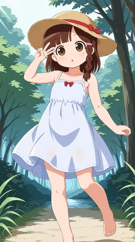 masterpiece, best quality, amazing quality, very aesthetic, absurdres, best quality, 4k, upscale, outdoors, nature, landscape, dynamic pose, bare foot, flat chest, ribbon, bare shoulders, red ribbon, v, hat, sundress, white dress, riri, 1girl, brown hair, solo, braid, brown eyes, hair ornament, hairclip, bangs, blue dress, side braid, blunt bangs, single braid, <lora:Riri_ILv2:0.8>