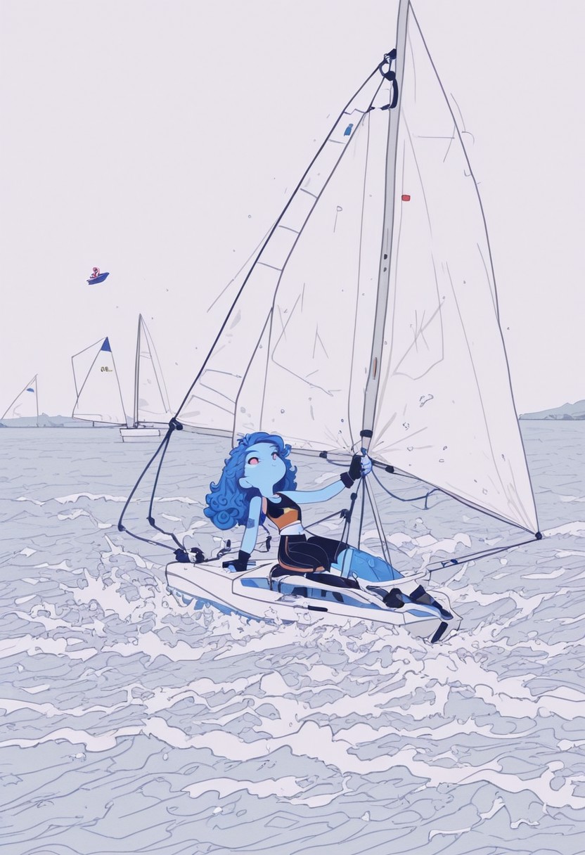 Absurdres, best quality, masterpiece, extremely aesthetic,
Dramatic cinematic scene,
 sailing a dinghy, sport sailing, sailing dinghy, gp14, (on a boat, sitting on the side of a boat, pulling ropes):1.9, sailor girl, sailing crew, 
(Sailing Dinghy, rudder, main sail, jib, mast, haliard, ropes, regatta, sport):1.5,
in heavy wind, dinghy race, fingerless gloves, leaning out, keeling, splashing water, waves,
Nylon, spandex, dear Lord, what's next?
Polyester, pin stripe, wet my appetite
Polka dots, see through, put me in a good mood
A-cup, D-cup,
Long hair, curly hair, fine curls, tiny torso, narrow shoulders, wide hips, tiny limbs, short limbs, 
Detailed background,
seductive, playful,
 dramatic angle, 
Heavily stylized vector illustration, fun, close-up, out of frame, stylish, exaggerated body proportions, huge head, head same size as body,
BaseB0b, minimalist vector illustration, Flatline, Flat vector illustration, sai1ing, over side,
