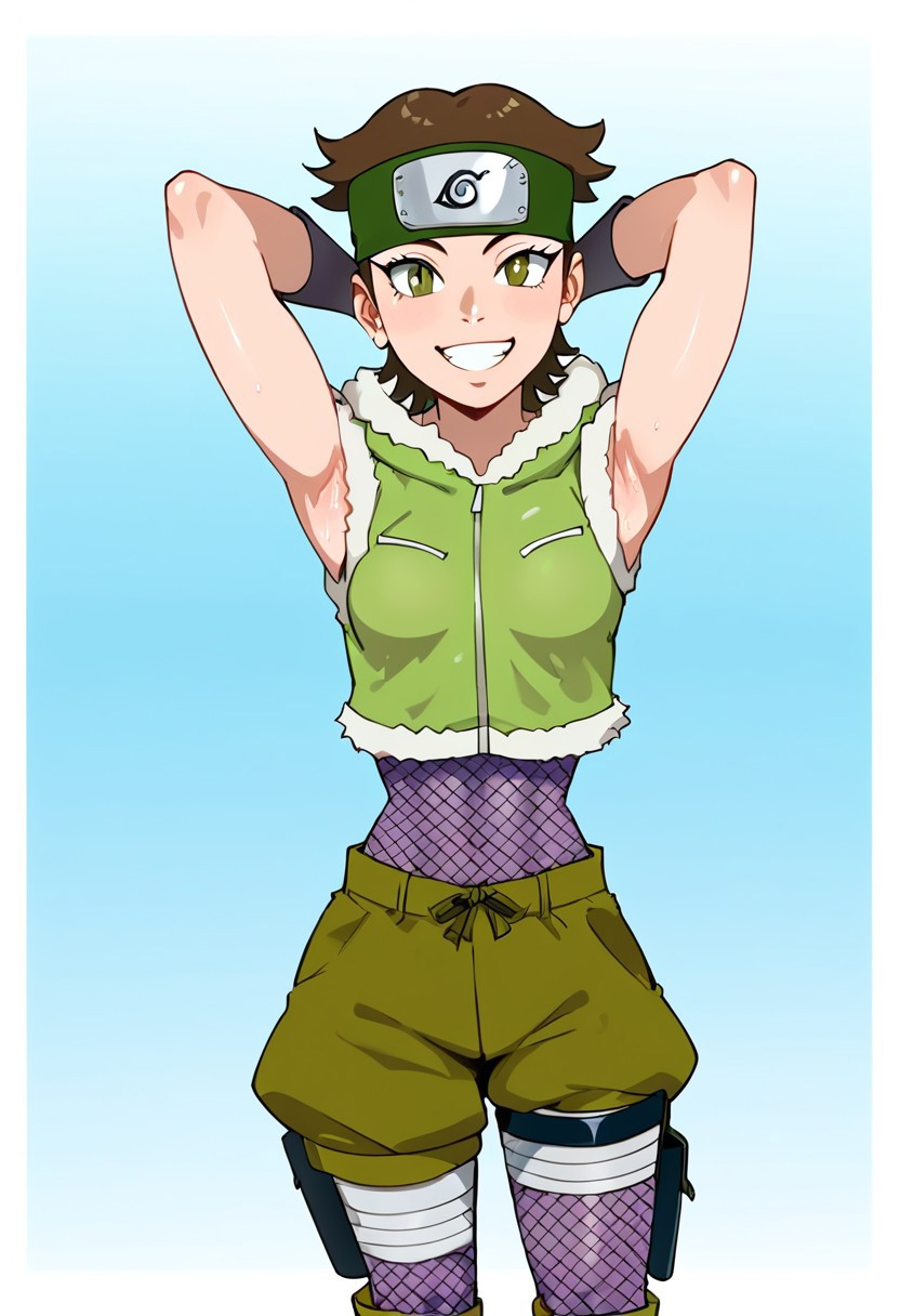 score_9, score_8_up, score_7_up, score_6_up, source_anime, BREAK, 1girl, solo, (( <lora:izuno_wasabi:1> , izuno_wasabi, beautiful olive-green eyes, clear eyes, bright pupils, beautiful eyes, thin waist, wide hips, beautiful skin, beautiful tousled short brown hair, medium breasts, natural beauty, extraordinary beautiful woman, attractive woman, super sexy woman, lustful body, sexy woman with seductive obscene body, sensual body, voluptuous body, sexy beauty, )) , ((konohagakure olive-green forehead protector headband with dark grey konoha symbol, light green cropped short-sleeved zip hoodie sweater with white fur trim edges, fishnet bodysuit, green shorts, brown ninja boots, black fingerless gloves, holster, bandage on thigh, )) , cowboy shot, smile, sexy, dutch angle, hands behind head,