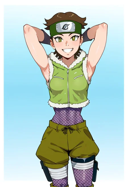 score_9, score_8_up, score_7_up, score_6_up, source_anime, BREAK, 1girl, solo, (( <lora:izuno_wasabi:1> , izuno_wasabi, beautiful olive-green eyes, clear eyes, bright pupils, beautiful eyes, thin waist, wide hips, beautiful skin, beautiful tousled short brown hair, medium breasts, natural beauty, extraordinary beautiful woman, attractive woman, super sexy woman, lustful body, sexy woman with seductive obscene body, sensual body, voluptuous body, sexy beauty, )) , ((konohagakure olive-green forehead protector headband with dark grey konoha symbol, light green cropped short-sleeved zip hoodie sweater with white fur trim edges, fishnet bodysuit, green shorts, brown ninja boots, black fingerless gloves, holster, bandage on thigh, )) , cowboy shot, smile, sexy, dutch angle, hands behind head,