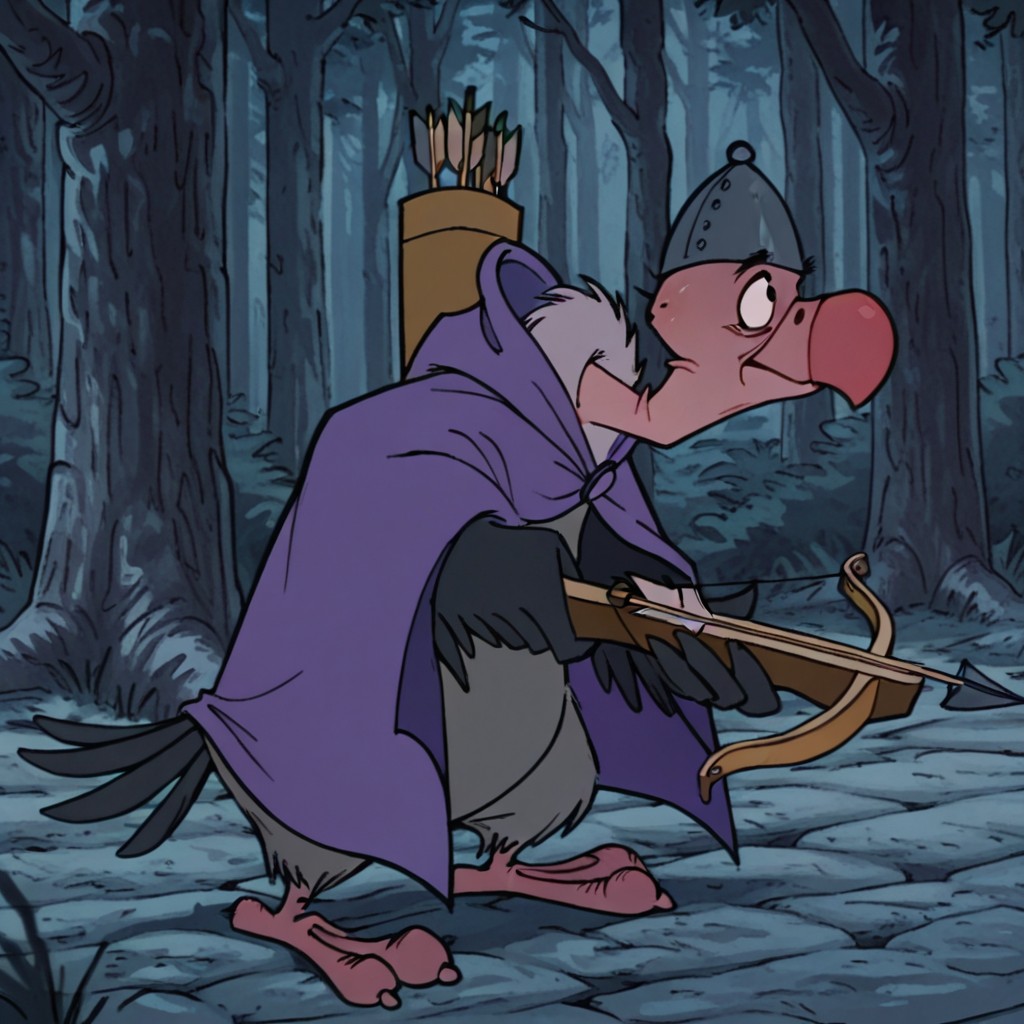 masterpiece, best quality, amazing quality, TriggerRHil, semi-anthro, male, vulture, bird, black wing feathers, grey body feathers, black eyes, winged arms, purple cloak, helmet, quiver, holding crossbow, standing, in forest, , <lora:b5807783-7759-4b94-82a3-431df8269415:1.0>