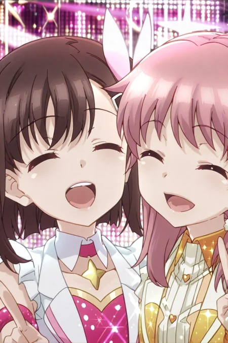 detailed background, shiny skin, posing,
heart, bloom, glitter, sparkle,
<lora:prisma.il:1>,
prisma,
(multiple girls, 2girls:1.8),
closed eyes, nanaki,
open eyes, mimi,
idol costume, upper body, open mouth, peace,