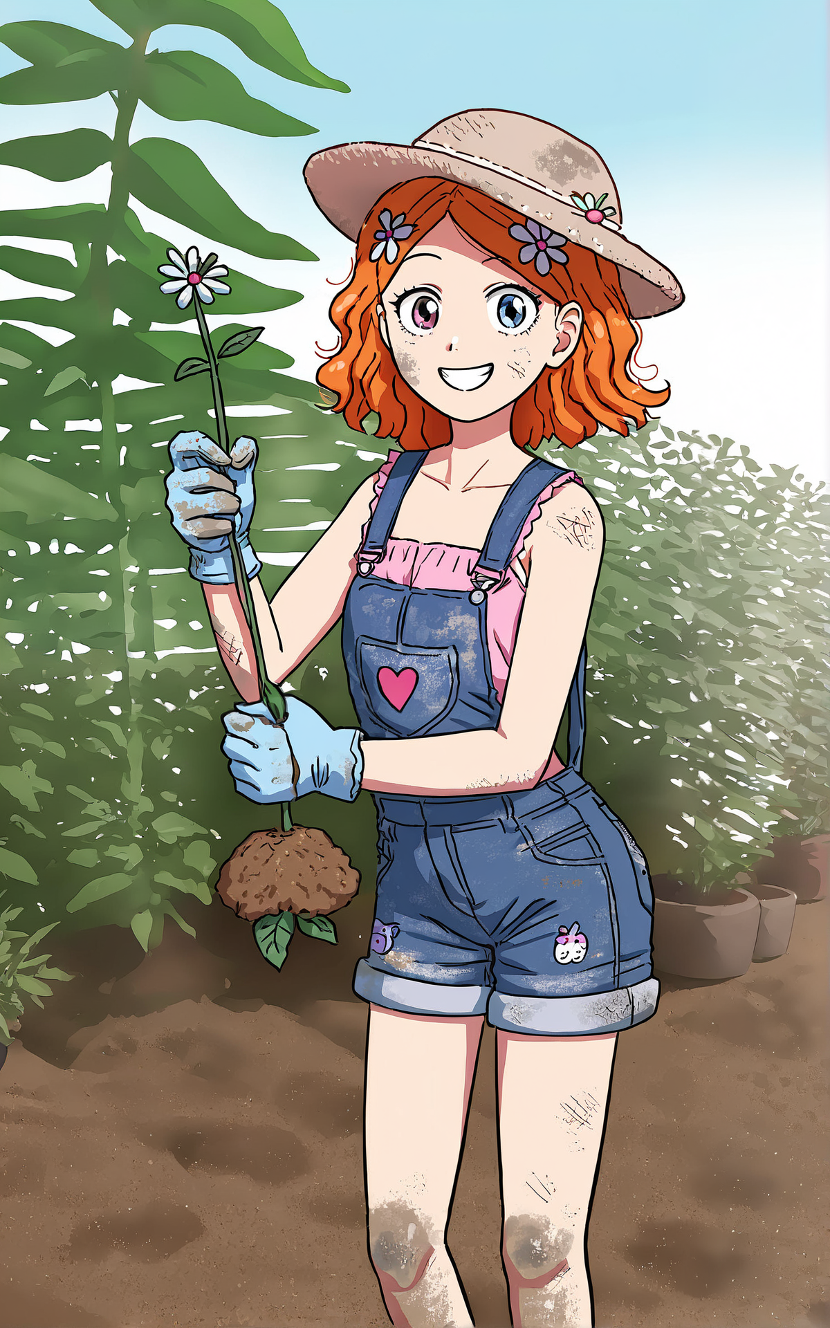 score_9_up, source_cartoon, suzieq, 1girl, orange hair, solo. hair ornament, flower, hair flower, short hair, blue eyes,heterochromia,  hairclip, overalls. shorts. garden hat. garden gloves. plants. garden. dirt. dirty. smile. happy.