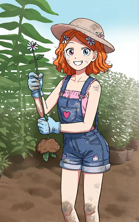 score_9_up, source_cartoon, suzieq, 1girl, orange hair, solo. hair ornament, flower, hair flower, short hair, blue eyes,heterochromia, hairclip, overalls. shorts. garden hat. garden gloves. plants. garden. dirt. dirty. smile. happy.