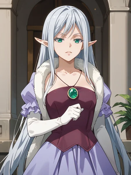 score_9, score_8_up, score_7_up, score_6_up, score_5_up, score_4_up, source_anime, <lora:StS_PonyXL_Detail_Slider_v1.4_iteration_3:3.5>,cinematic shadow, character focus, detailed skins, soft skins, (cowboy shot:1.4), perfect curvy small breasts,dynamic pose, <lora:Elmesia_El-Ru_Sarion:1>,elmesia, pointy ears,aqua eyes, bangs,long silver hair,
,elmesiadress,collarbone, jewelry,necklace,white fur scarf, white elbow gloves,puffy short sleeves, purple frills,maroon corset, long purple skirt,