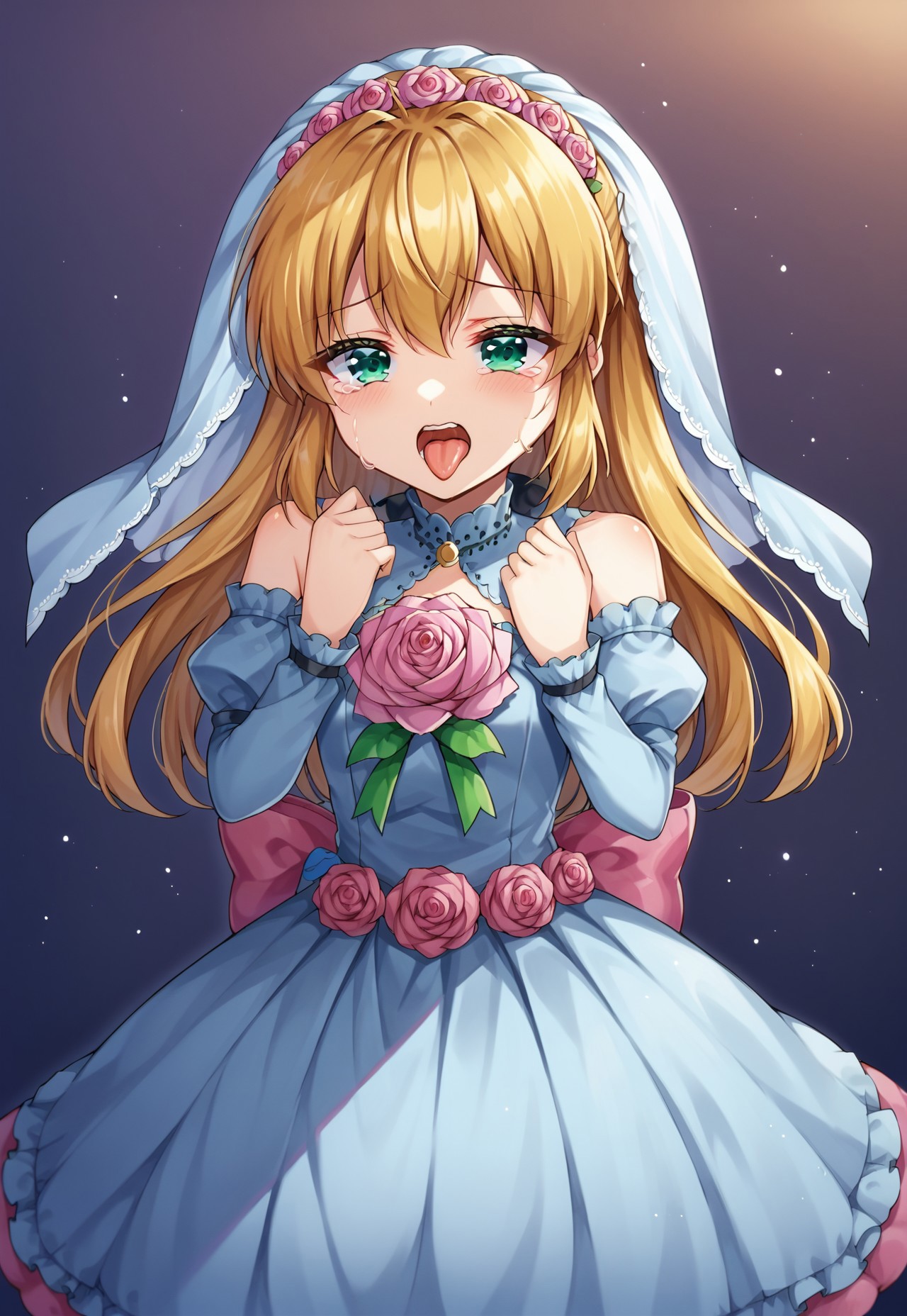 score_9, score_8, score_7, source_anime, wedding dress,  puffy sleeves, red flower, kazami yuuka, tongue out, teeth, aqua eyes, purple rose, gradient background, traditional media, eyes visible through hair, hair bow, brown hair, bridal veil, pink flower, detached sleeves, solo, blonde hair, tears, hands up, two-tone background, standing, flower, rose, green eyes