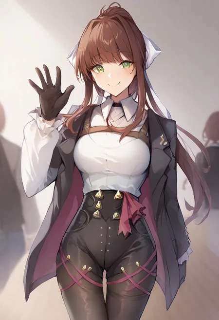 score_9, score_7_up, <lora:kakao_(chocolate_land)-Style-PonyXL-DoRA-000044:1>, ddlcmonika, blunt bangs, brown hair, green eyes, long hair, ponytail, ribbon, white ribbon, hair ribbon, sidelocks, black jacket, gloves, high-waist shorts, jacket, pantyhose, pantyhose under shorts, shirt, shorts, white shirt, bright smile, cute, blush, half body, background, simple background, hand, hand waving, looking at viewer,