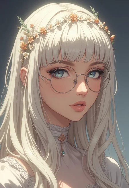 The image is a high-resolution photograph featuring a young woman with a striking, ethereal aesthetic. She is a light-skinned woman with long, platinum blonde hair cascading down her back, styled with a delicate, ornate headpiece that includes small, delicate flowers and leaves. Her hair is styled with a fringe that frames her face. She wears large, round, wire-framed glasses that give her a scholarly, intellectual appearance.