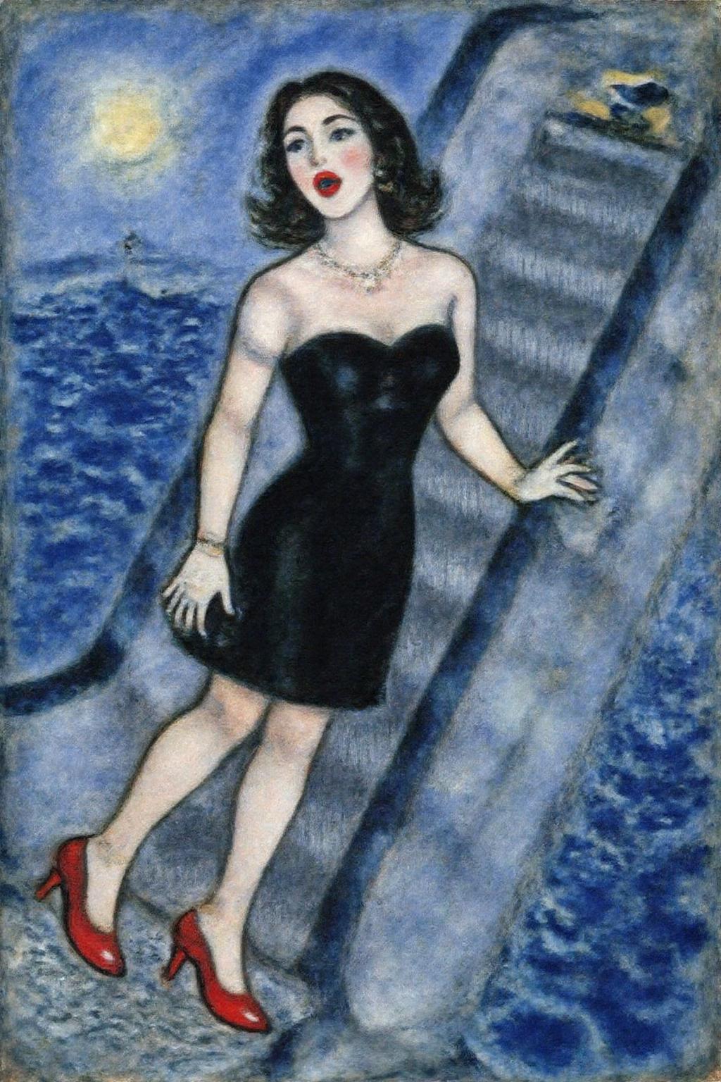 marcha9 painting 
a woman in a chic little black dress and vibrant red high heels, gracefully descending an escalator. She wears black lipstick and is screaming. Her attire exudes elegance and sophistication, with the red heels providing a bold pop of color against the classic black dress. The escalator itself, typically found in a mall or airport, leads downwards into an unexpected and dreamlike destinationâ -- pool of rippling water. The water is blue and ripples as the escalator's steps disappear beneath the surface. The woman's posture is poised and confident, as she seems unperturbed by the unusual surroundings. The overall atmosphere is a blend of high fashion and surreal fantasy, capturing a moment that is both elegant and otherworldly,  <lora:marcha2_cap_d6a3e15:1.0><lora:814275110400729010:0>