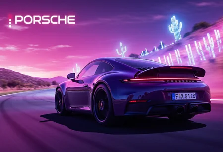 Epic Gaming Poster with text":PORSCHE",
Porsche 911 GTS driving through a futuristic desert with holographic cacti and a neon-lit sky, blending past and future aesthetics, ultra-realistic yet surreal,
numberplate reads FLUX,
Once human, detailmaximizer