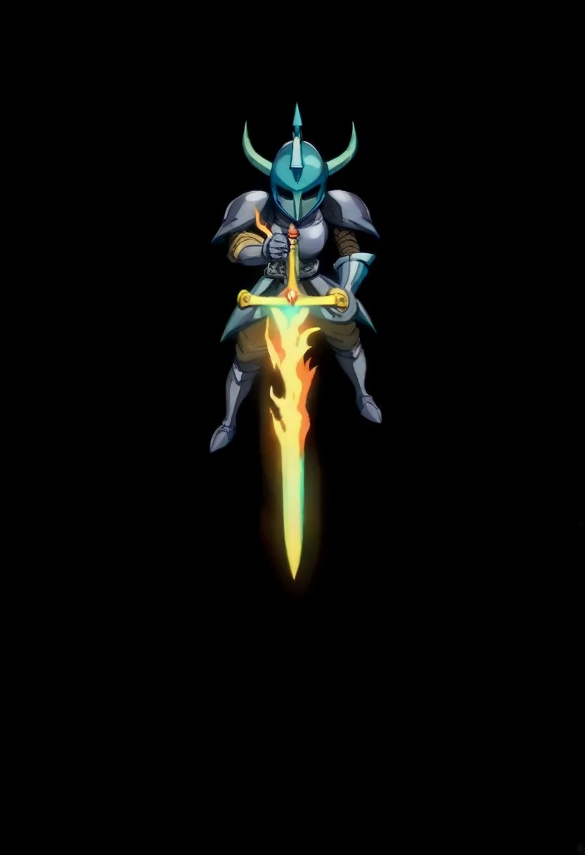 score_9, score_8_up, score_7_up, score_6_up, score_5_up, score_4_up, source_anime,NCRender,retro artstyle,knight,horned helmet,holding sword,flaming sword,blue flames,full body,dynamic pose,black background