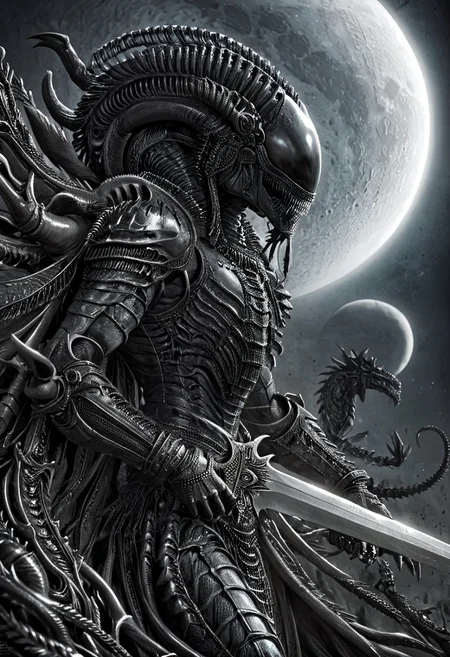 A closeup of fantastical image of a Xenomorph knight, clad in flowing, flowing robes, wielding an ornate, ornate blade. they wield the sword in a fluid, dynamic motion. The moon's reflection highlights their magical power, solo, wide angle, art by hr giger